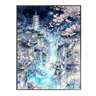 2026年新款粘贴钻石画方钻樱花古城建筑客厅点钻画手工十字绣卧室