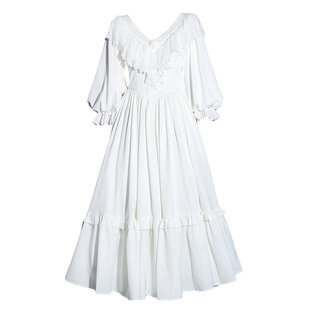 弥爱原创《月神》宫廷复古缎面灯笼袖收腰白色礼服轻婚纱连衣裙秋