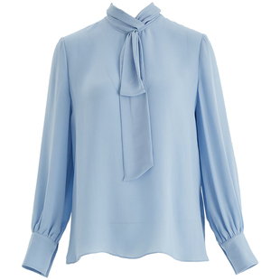 OBEG欧碧倩浅蓝色长袖桑蚕丝衬衫女春季轻盈法式上衣10481003