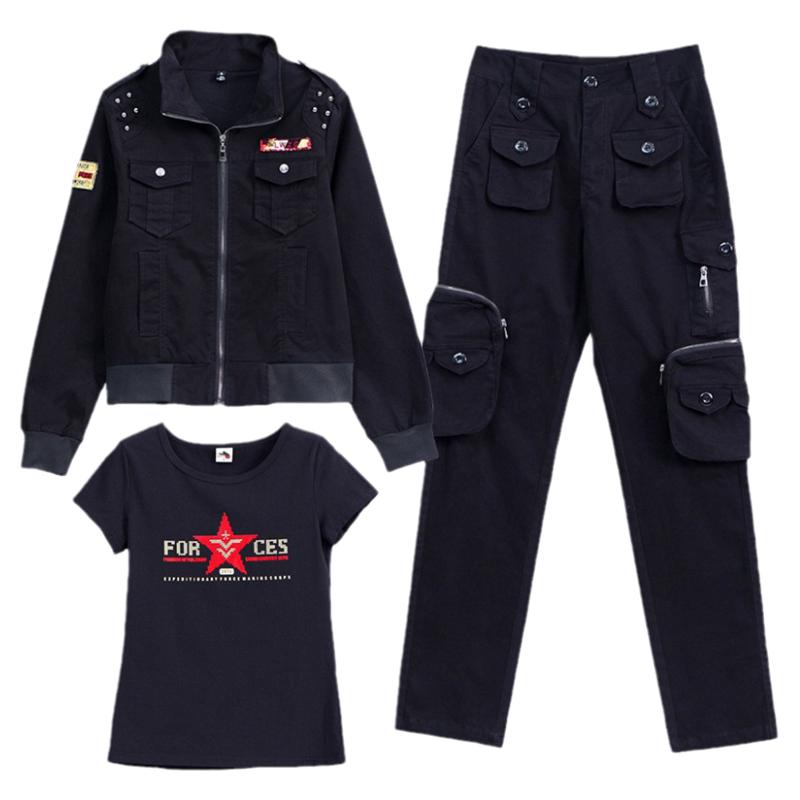 迷彩三件套工装服套装女休闲裤短款显瘦减龄运动服野战服秋装盾盾