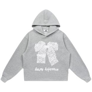 EMPTY REFERENCE美式复古原创无下摆蝴蝶结蕾丝印花长袖连帽卫衣