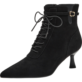 真美诗小鹿靴冬季新款软糯羊皮优雅气质尖头高跟短靴时装靴女