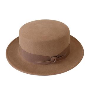 法式秋冬礼帽女百搭时尚黑色羊毛呢平沿礼帽英伦复古平顶驼色帽子