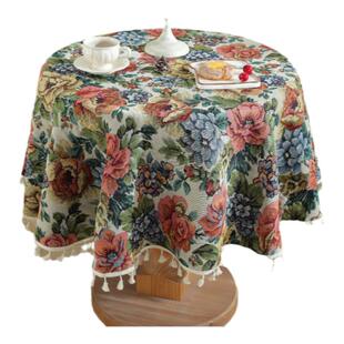 法式玫瑰花朵提花流苏圆桌布美式田园风棉麻餐桌布艺茶几圆形盖巾