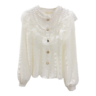 秋冬重工气质花边立领蕾丝衫加绒加厚荷叶边长袖衬衫内搭打底小衫