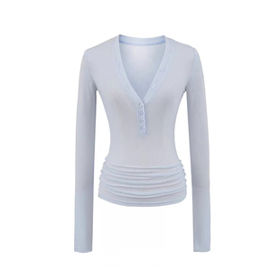 纯欲紧身性感显身材超低V领显胸大薄款微透内搭上衣打底长袖t恤女