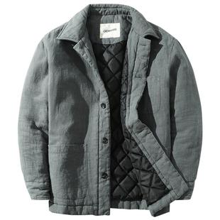草民麻衣冬季防风保暖棉服外套男装复古加厚棉袄休闲宽松棉麻大衣
