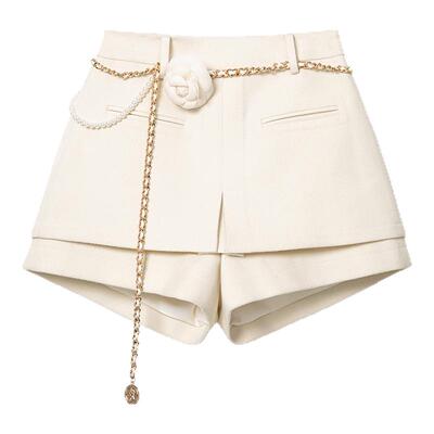 AZZHEN【一步舞曲】百搭高腰显瘦设计感假两件毛呢韩版修身短裤