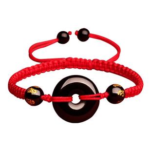 天然黑曜石编织红绳手链男女本命年平安扣手绳饰品2026马年吉祥物