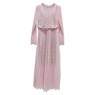 2025年秋装新品粉色蕾丝长款百褶假两件连衣裙漂亮梨形伯克利裙子