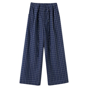 织物猪 秋日来信 休闲慵懒风深蓝色格子裤女肌理感百搭直筒长裤子