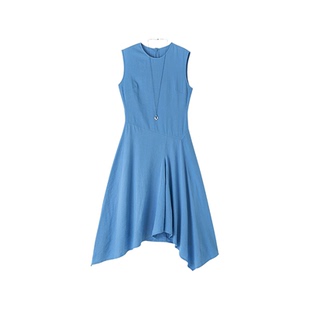 XWI欣未知性优雅蓝色无袖连衣裙女2026夏季收腰显瘦不规则背心裙