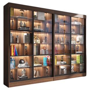 推拉门书柜书架一体靠墙到顶玻璃门中式实木书柜大书橱带灯可定制