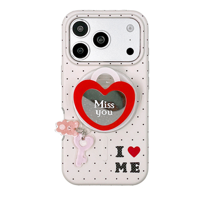 kaia复古波点I爱ME红爱心镜面适用苹果17promax手机壳iphone16pro新款16女17pro磁吸支架15pro全包防摔手机套