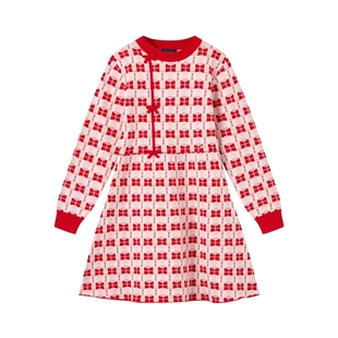 【新年款】POLOWALK女童长袖连衣裙2026新品时尚提花红色连衣裙