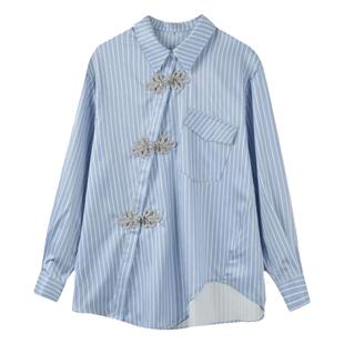 胡可明星同款竖条纹衬衫女春新款复古小众斜领盘扣不规则长袖上衣