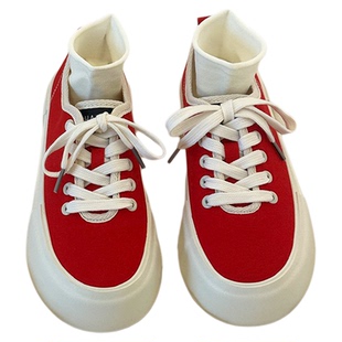 小众复古红色帆布鞋女厚底学生2025夏季新款透气百搭休闲运动板鞋