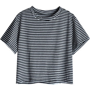 夏季新款灰黑色条纹短袖T恤女装港风ins潮短款时尚露脐修身上衣服
