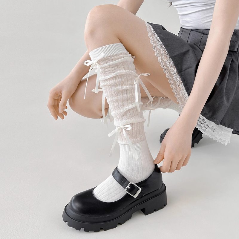 芭蕾风蝴蝶结绑带长筒袜子女春夏薄款白色堆堆袜小腿袜子配小皮鞋