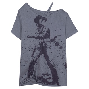 DoublePunch春夏原创oversized斜肩可调节抽绳牛仔女郎印花T恤