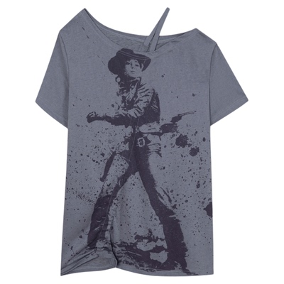 斜肩可调节抽绳牛仔女郎印花T恤