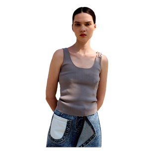 310MOOD休闲日常修身短款百搭彩珠肩带针织背心上衣