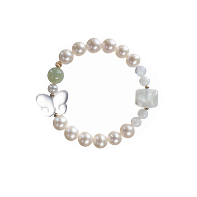 白水晶蝴蝶和田玉珍珠手链百搭