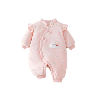 新生婴儿夹棉连体衣纯棉a类春秋薄棉满月宝宝衣服女秋冬加棉哈衣