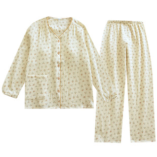 带胸垫睡衣女泡泡棉纱布V领春秋长袖套装可外穿防凸点纯棉家居服