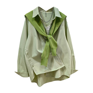 衬衫披肩两件套女早春新款韩系休闲阔版宽松设计感纯棉上衣外套潮