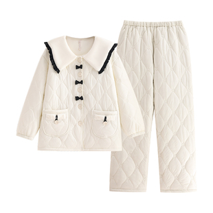 悦内睡衣女秋冬季冬天法兰绒三层夹棉袄加厚特厚保暖家居服小香风