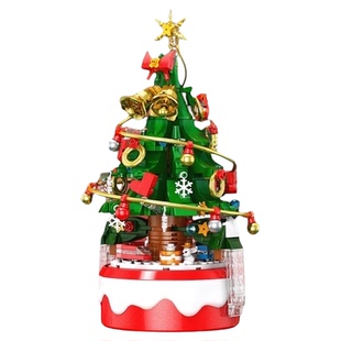 圣诞树积木八音盒旋转拼装玩具老人装饰摆件儿童益智男女新年礼物