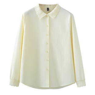 大码春装淑女通勤百搭花边领长袖白衬衫胖mm遮肚子简约拼接衬衣女