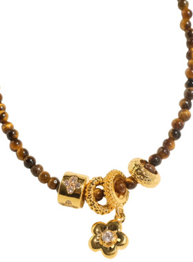 《日落印象》秋冬复古美拉德轻奢虎眼石串珠花朵跑环项链锁骨链女