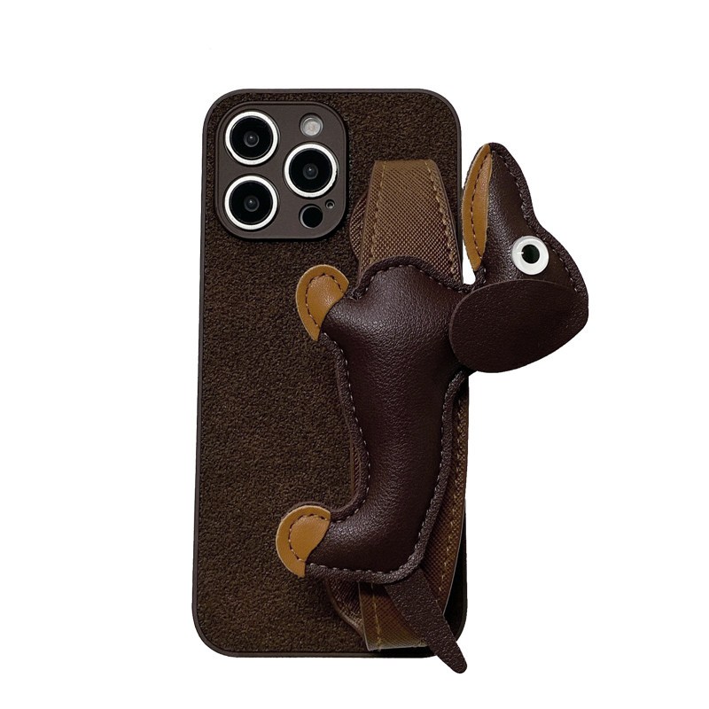 复古棕皮腊肠狗腕带斜跨手机壳