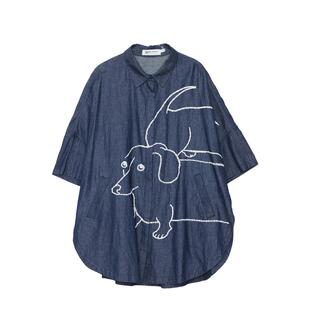 MOVEUP幻走2024春季新款.FUN系列狗狗绣花设计师中长款牛仔衬衫女