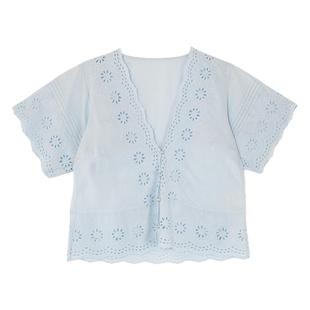 秘密盒子晴空絮语 100棉重磅机绣花卉镂空绣花法式短款v领衬衫