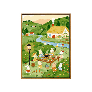 田园风光数字油画diy填充填色手工绿色治愈卡通丙烯油彩画装饰画