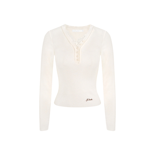 艾米同款 Kroche 羊毛混纺 蕾丝拼接V领多粒扣长袖修身打底针织衫