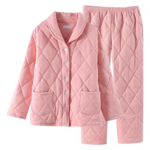 秋冬男女保暖六层纱布加厚夹棉开衫青果领纽扣睡衣家居服两件套装