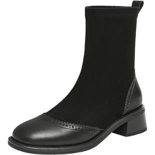 Bata布洛克袜靴女冬新款粗跟时尚短筒瘦瘦靴49056DD4