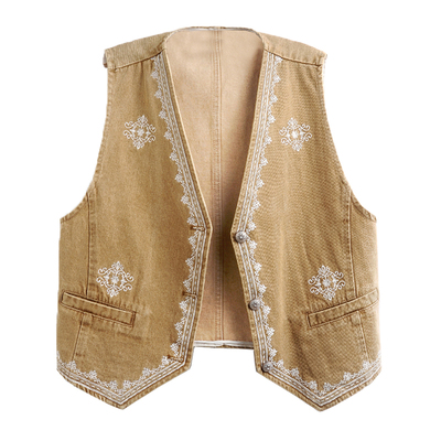 重工刺绣花无袖牛仔马甲女V领