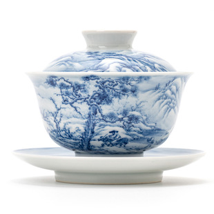 寒山骑驴青花手绘盖碗 雪景山水高端茶器主人杯品茗杯景德镇陶瓷