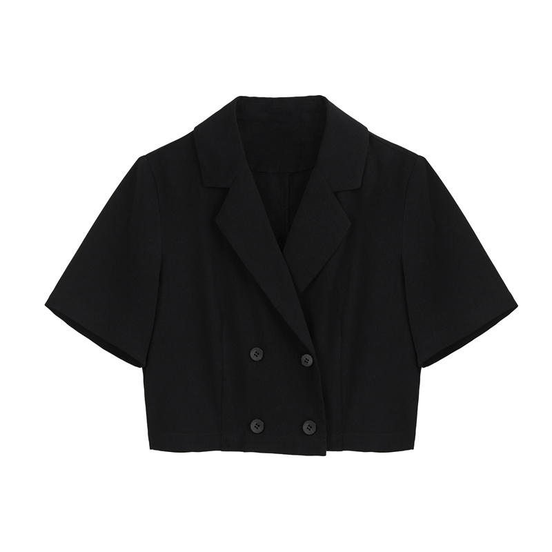 MATTUCLB 黑色小西装外套女夏短袖宽松设计感小众双排扣薄款上衣