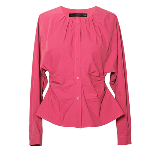 罗衣纯棉设计感褶皱粉色衬衫女夏高级通勤面试圆领收腰上衣12489