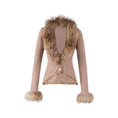 ITSNIKAR貉子毛领针织开衫女秋冬复古毛衣外套性感打底衫修身上衣