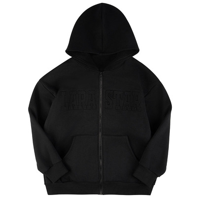 劳拉之星1077立体印花拉链开衫连帽重磅加绒卫衣秋冬美式健身外套