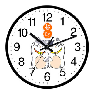 新中式招财猫挂钟客厅家用时尚免打孔卡通大气时钟挂墙石英钟表