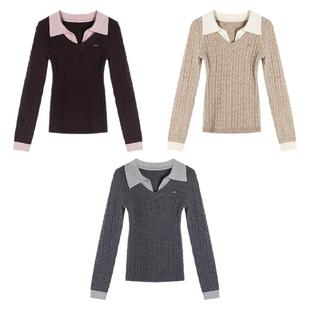 贰羊设计【意苒】时髦通勤撞色polo领假两件针织衫女v领麻花上衣