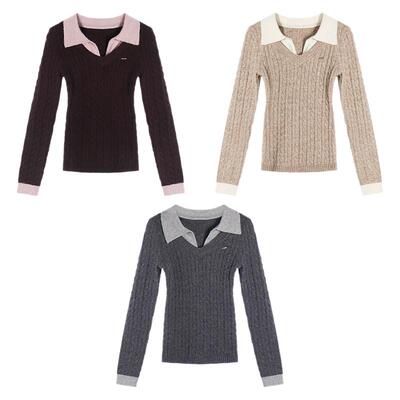 贰羊设计【意苒】时髦通勤撞色polo领假两件针织衫女v领麻花上衣